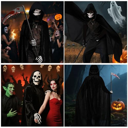 Halloween Costumes for Men & Women, Scary Grim Reaper Adult Costume with Hooded Cloak, Skeleton Mask, Gloves, and Scythe - Perfect Halloween Outfit for Adults