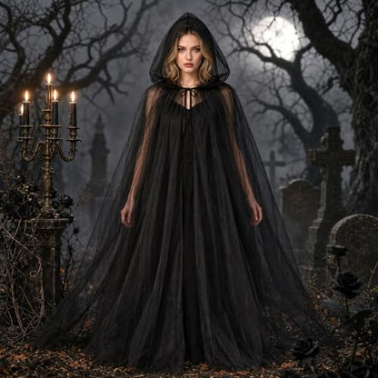 Black Cape, Veil Hooded Cloak, Halloween Costumes for Women